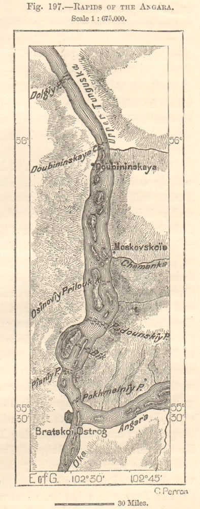 Rapids of the Angara river. Oka Dubynino Bratsk Siberia Russia. Sketch map 1885